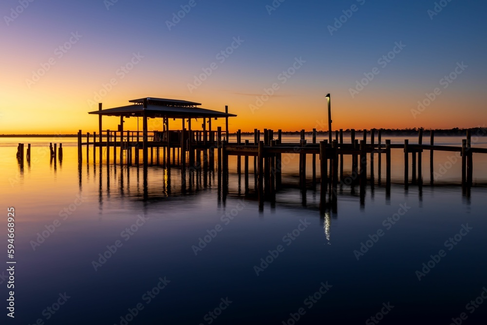 Calm sunrise over a wooden structure on on the water on a misty morning