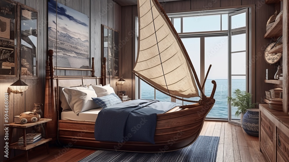 A nautical-inspired kids boy bedroom with a sailboat-shaped bed and oceanic decor. AI generated A nautical-inspired kids boy bedroom with a sailboat-shaped bed and oceanic decor. AI generated