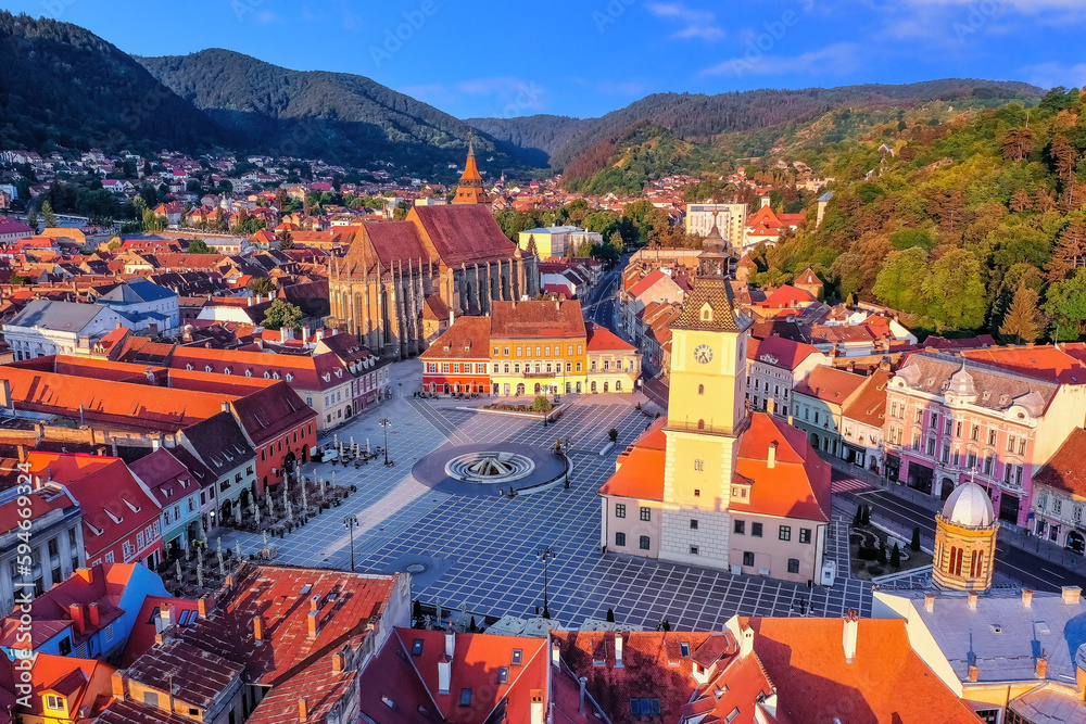 Brasov, Romania. Aerial view of the old town at sunrise.
