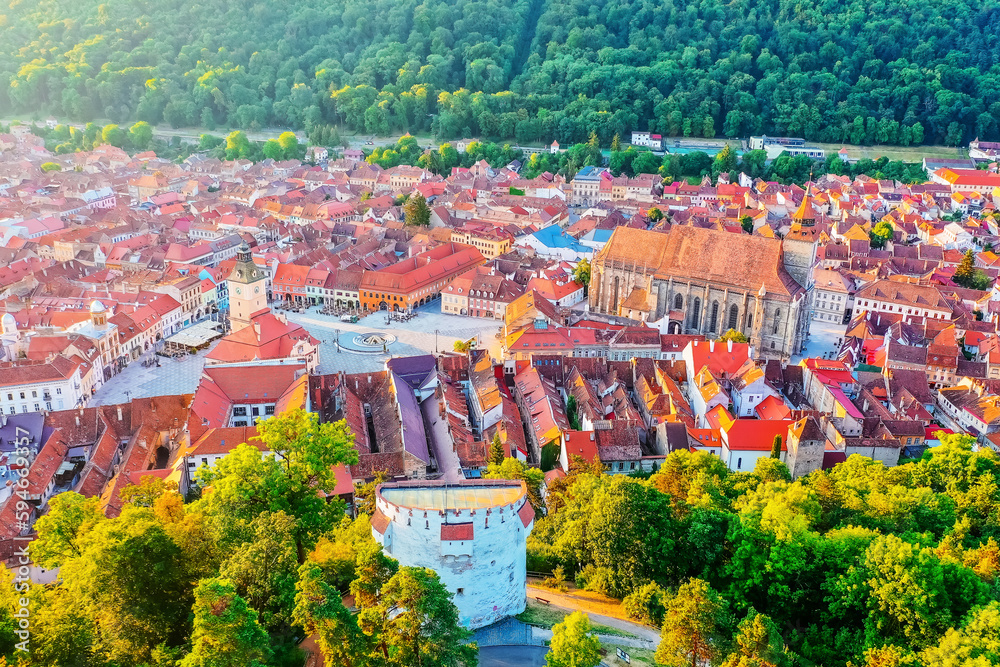 Brasov, Romania. Aerial view of the old town at sunrise.