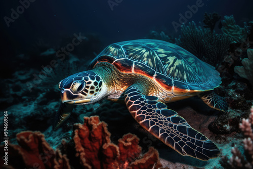 Luminescent Sea Turtle Swimming Through Coral. Generative AI