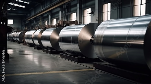 multiple rolled aluminum metal sheets stored in a warehouse.