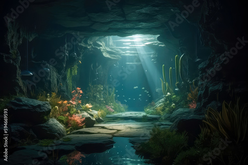 Underwater Cave With Glowing Fish And Plants. Generative AI