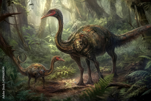 Therizinosaurus Mother And Baby Foraging In Forest. Generative AI © Anastasiia