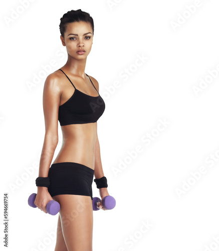 Body, woman and dumbbell exercise for fitness goals, weight loss diet or strong bodybuilding. Wellness, arm workout and portrait of female training athlete isolated on a transparent png background