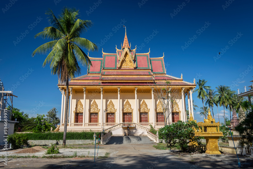 buddhist temple pagoda exterior in Chhlong near Kratie in cambodia - obrazy, fototapety, plakaty 