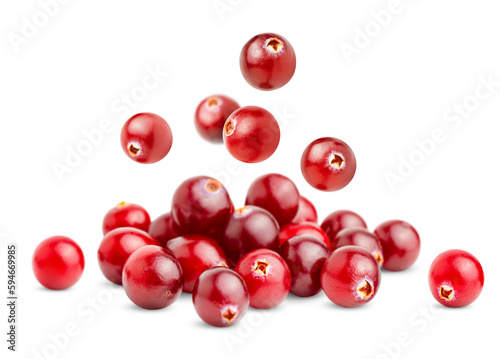 pile with falling cranberries on a white isolated background