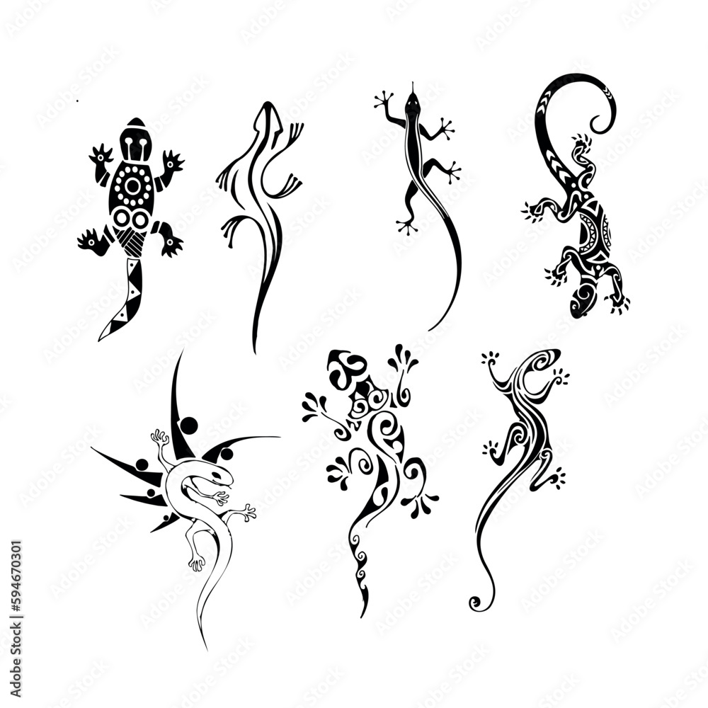 Polynesian tribal style lizard tattoo set, weaves and lizards in a ...