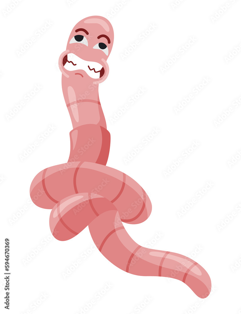 Funny worm. Pink crawler scared. Earth worm cartoon character, wildlife nature. Insect for kids illustration Funny worm. Pink crawler scared. Earth worm cartoon character, wildlife nature. Insect for kids illustration