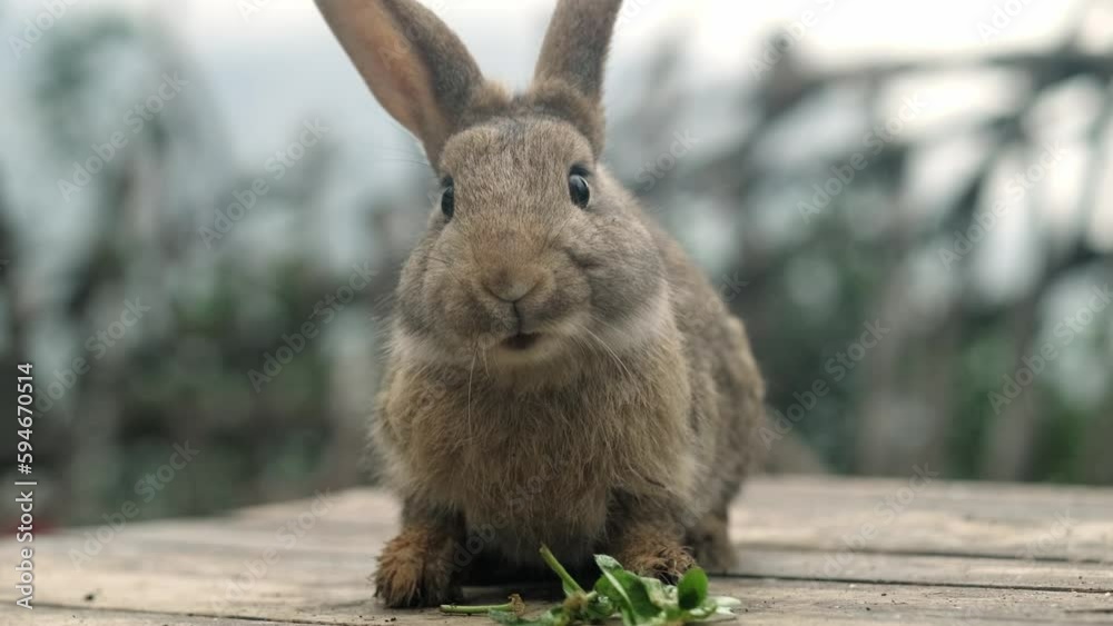 Rabbit chewing green leaves salad with its teeth and moving its nose, Feeding farm bunny on nature.