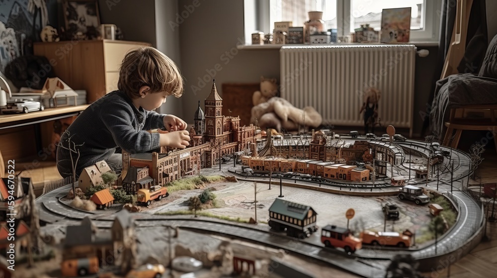 An imaginative play area complete with a miniature cityscape and toy cars AI generated