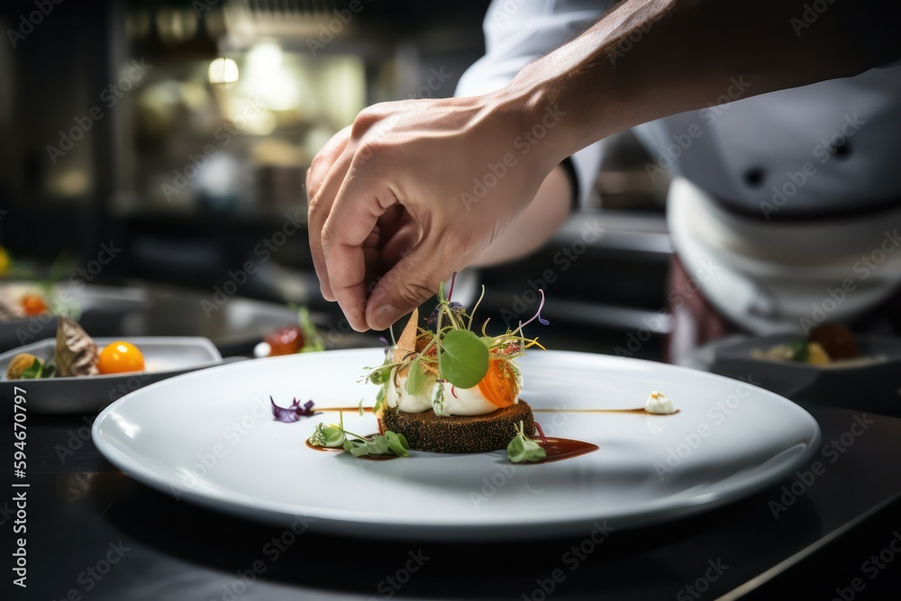 chef's hands arrange dishes in the kitchen. Generative AI chef's hands arrange dishes in the kitchen. Generative AI