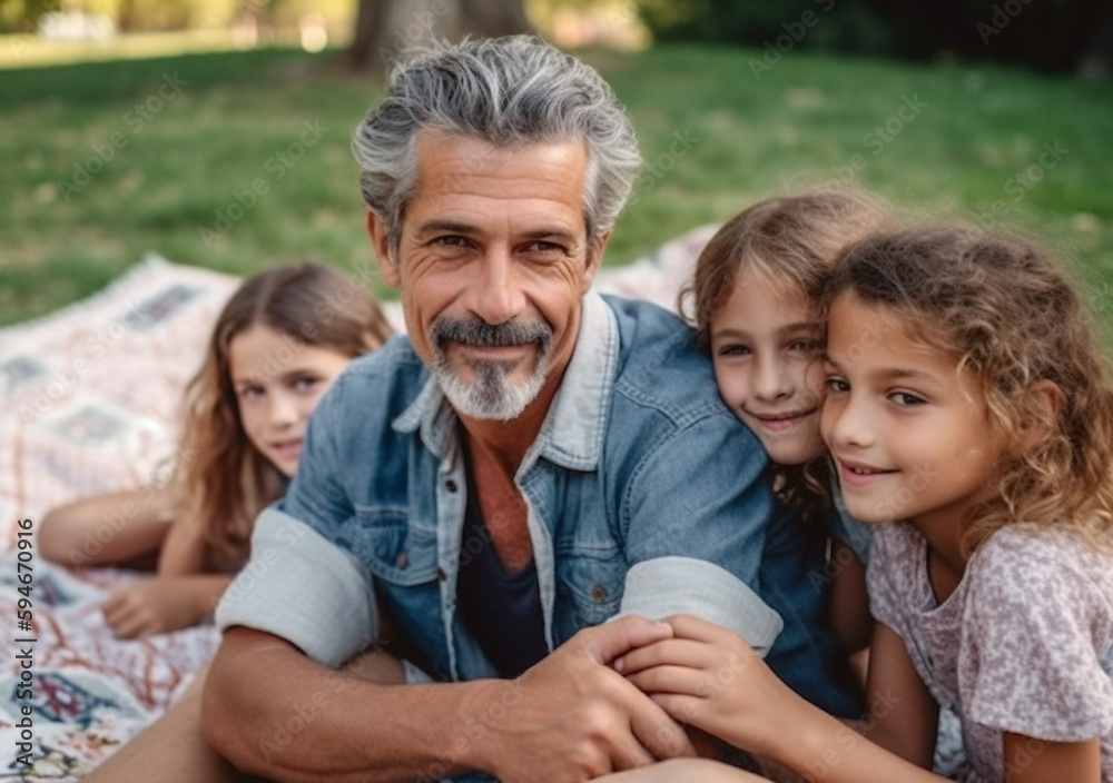 An aged father with little daughters are relaxing in park. Happy father's day. Happy family picnic. Ai generated. An aged father with little daughters are relaxing in park. Happy father's day. Happy family picnic. Ai generated.