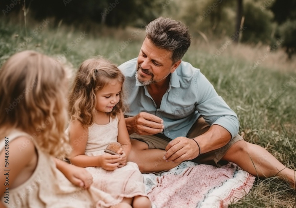 An aged father with little daughters are relaxing in park. Happy father's day. Happy family picnic. Ai generated. An aged father with little daughters are relaxing in park. Happy father's day. Happy family picnic. Ai generated.
