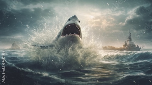 Huge great white Shark jumping out of the water to attack. Generative AI
