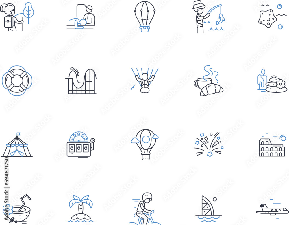 Entertaining diversion line icons collection. Amusement, Fun, Distraction, Recreation, Pastime, Entertainment, Relaxation vector and linear illustration. Enjoyment,Diversion,Pleasure outline signs set