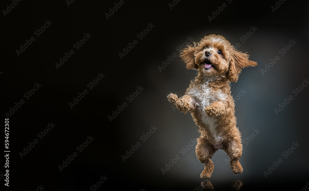 Full body of adorable fluffy blonde Cavapoo dog standing on hind legs ...