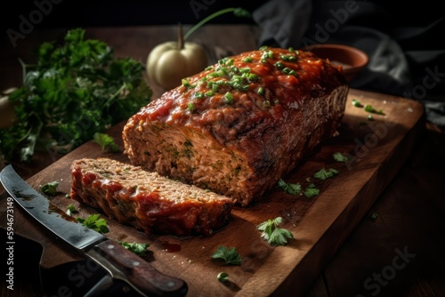 meatloaf with sauce vegetables and herbs on a wooden board. Rustic Style. Generative AI
