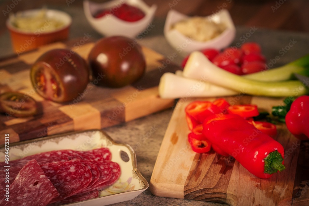 Variety of food items including meats and other ingredients on cutting boards before making pizza Variety of food items including meats and other ingredients on cutting boards before making pizza
