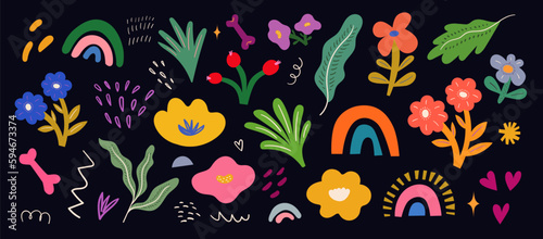 Colourful vector bright flower collection with flowers, , leaves, floral bouquets, rainbows