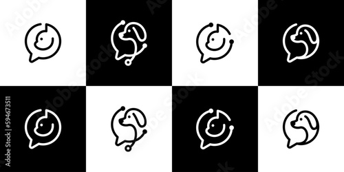 Collection of animal pet logo design with chat bubble black and white line style and stethoscope design graphic vector illustration. Pet care consultation symbol, icon, creative.