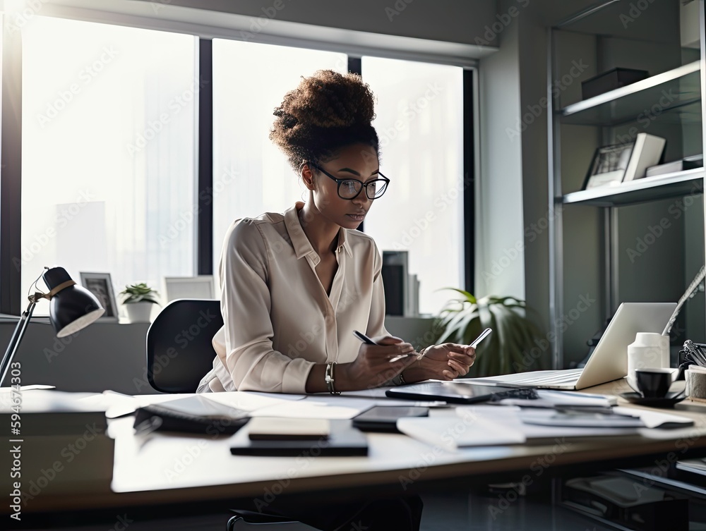 Obraz premium Capturing the Beauty of Productivity: A Generative AI-Created Portrait of a Beautiful Businesswoman Typing on Laptop