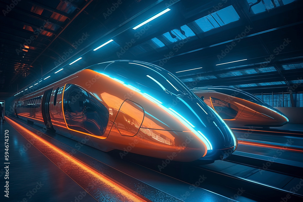 Fototapeta premium Future Technology Trains in Railway Stations. AI technology generated image