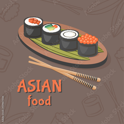 Asian food. Traditional oriental dish closeup with nigiri sushi roll, sashimi raw fish, seafood, caviar, shrimp, avocado, chopsticksi. Vector illustration for restaurant menu, cooking concept