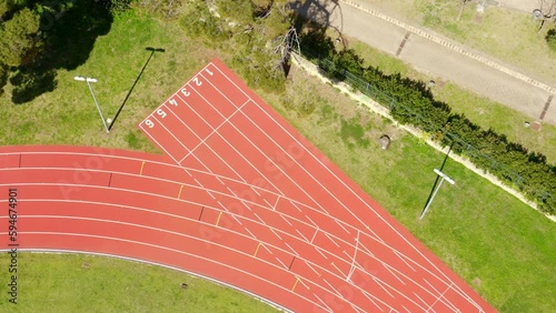 Aerial view of the sports facility with the running track that is located in Virgiliano park, also called Park of Remembrance, a scenic park located on the hill of Posillipo, Naples, Italy.  photo