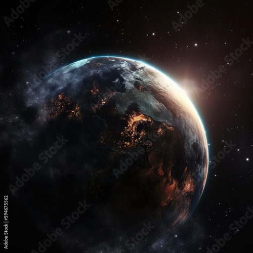 The sun rises over the planet. Earth in orbit. generative ai