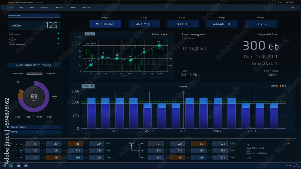 Computer User Interface Showing Various Infographics, Monitoring Data Transfer Speeds, Statistics, Analytics and Proper Functioning of Server Database. Software for Big Facilities Concept. Computer User Interface Showing Various Infographics, Monitoring Data Transfer Speeds, Statistics, Analytics and Proper Functioning of Server Database. Software for Big Facilities Concept.
