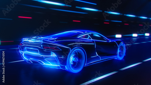 3D Car Model: Detailed Silhouette of Sports Car Driving With High Speed, Racing in the Tunnel to the Light. Supercar Made of Blue Lines Driving Fast on Highway. VFX Special Effect on Image. © Gorodenkoff