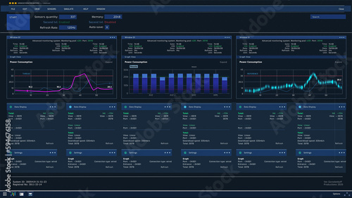 Computer User Interface Showing Various Infographics, Monitoring Data Transfer Speeds, Statistics, Analytics and Proper Functioning of Server. Software for Modern Facilities Concept.