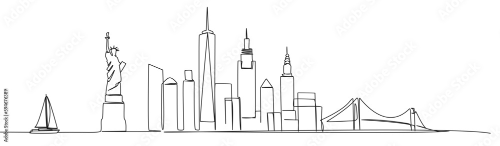 continuous single line drawing of abstract New York City skyline, line art NYC city scape vector illustration