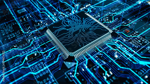Advanced Technology Concept Visualization  Circuit Board CPU Processor Microchip Starting Artificial Intelligence Digitalization of Neural Networking and Cloud Computing. Digital Lines Move Data
