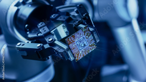 Futuristic Animation Concept: High-Tech Authentic Robot Arm Holding Contemporary Super Computer Processor Moving into Focus. CPU Microchip Digitilizes and Sends Data Power Lines with Computer Vision