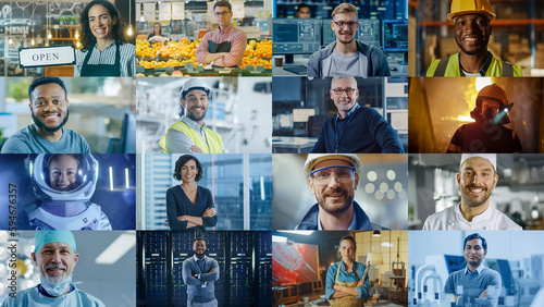 Multiple Screen Edit: Diverse Group of Professional People Smiling. Business People, Entrepreneur, Worker, Engineers, Female Astronaut, Artist, Chef, CEO, IT Specialist. Happy Workers of the World photo