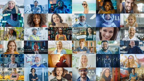 Montage of Happy Multi-Cultural and Multi-Ethnic People of Diverse Background, Gender, Ethnicity, and Occupation Smiling at Posing Looking at Camera. Happy Workers of the World Cheerfully Smiling. photo