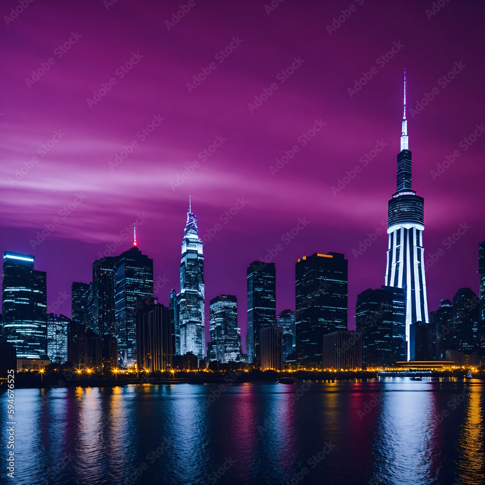 Obraz premium View from the lake to the illuminated city skyline, , created with Generative AI technology 
