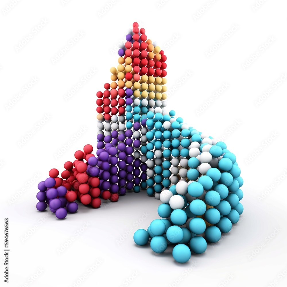 Arrow sign made out of multi colored spheres, cubes and cylinders connected together into pattern on white background. generative ai Arrow sign made out of multi colored spheres, cubes and cylinders connected together into pattern on white background. generative ai