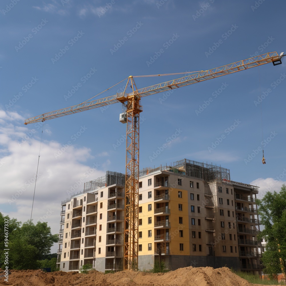 Crane on a new residential area construction site. generative ai Crane on a new residential area construction site. generative ai