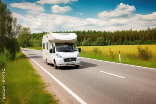 Camper van on a road, freelance life. AI generated