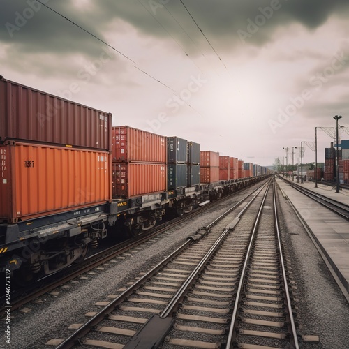 Train carrying containers in warehouse in shipping port. generative ai