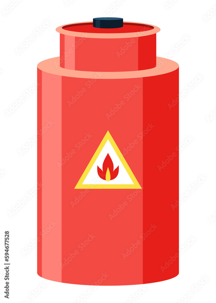 Toxic chemical barrel. Steel tank with dangerous waste. Container with flame icon in flat style. Dangerous substance. Storage of oil components Toxic chemical barrel. Steel tank with dangerous waste. Container with flame icon in flat style. Dangerous substance. Storage of oil components
