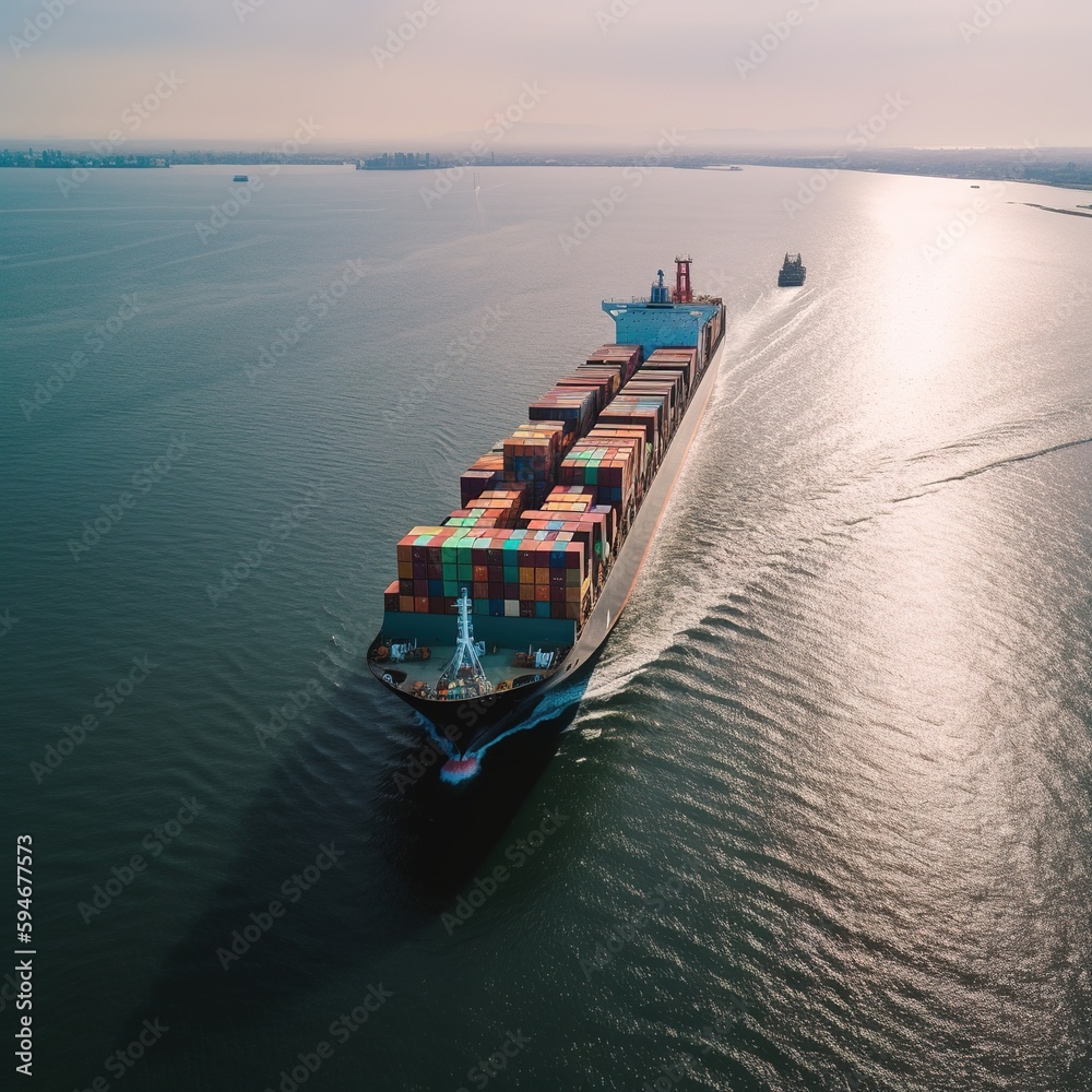 Fototapeta premium Container loading cargo freight ship boat. generative ai
