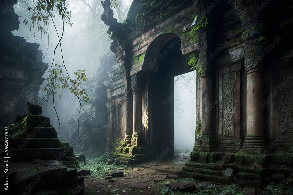 Mystery ancient civilization stone temple ruins in mist. Generative AI illustration