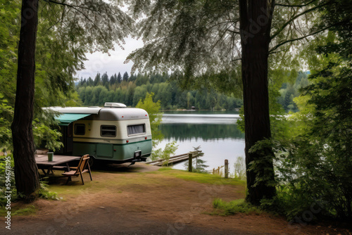 Camper van near the lake, freelance life. AI generated