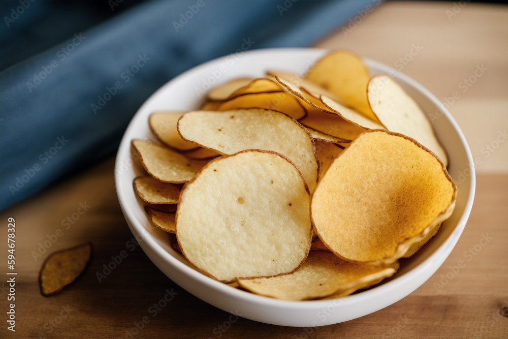Potato chips in a bowl on a wooden background. Generative AI Potato chips in a bowl on a wooden background. Generative AI