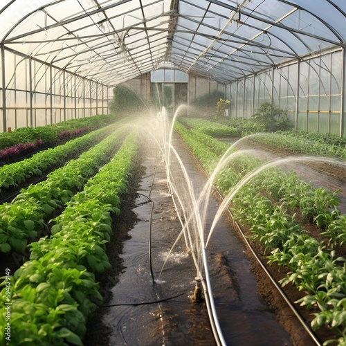 Plant irrigation in greenhouse  please see also my other images of greenhouses  plants and flowers in my lightbox. generative ai