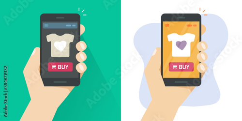 Mobile ecommerce online store shop on cell phone app vector graphic illustration, cellphone commerce web internet electronic digital application storefront with shopping buy button image